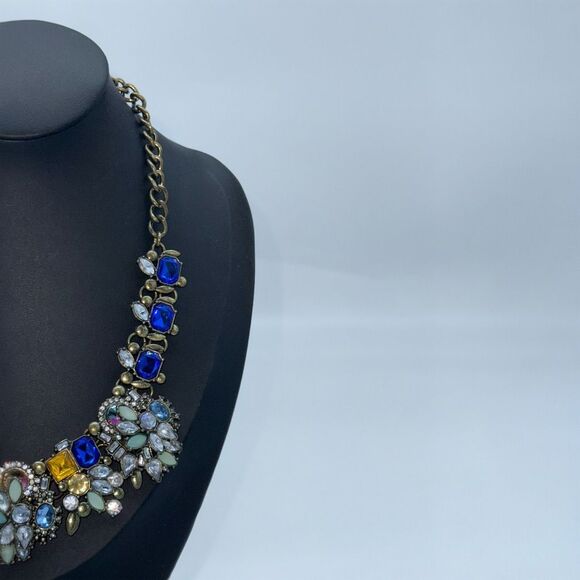 Multicolor Rhinestone Bib Necklace with Bronze Tone Chain‎ - Picture 3 of 5